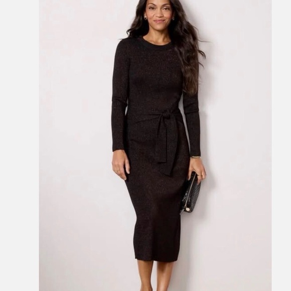 Evereve Dresses & Skirts - Evereve Ribbed Knit Tie Waist Midi Dress Brown Long Sleeve Size Small Minimalist